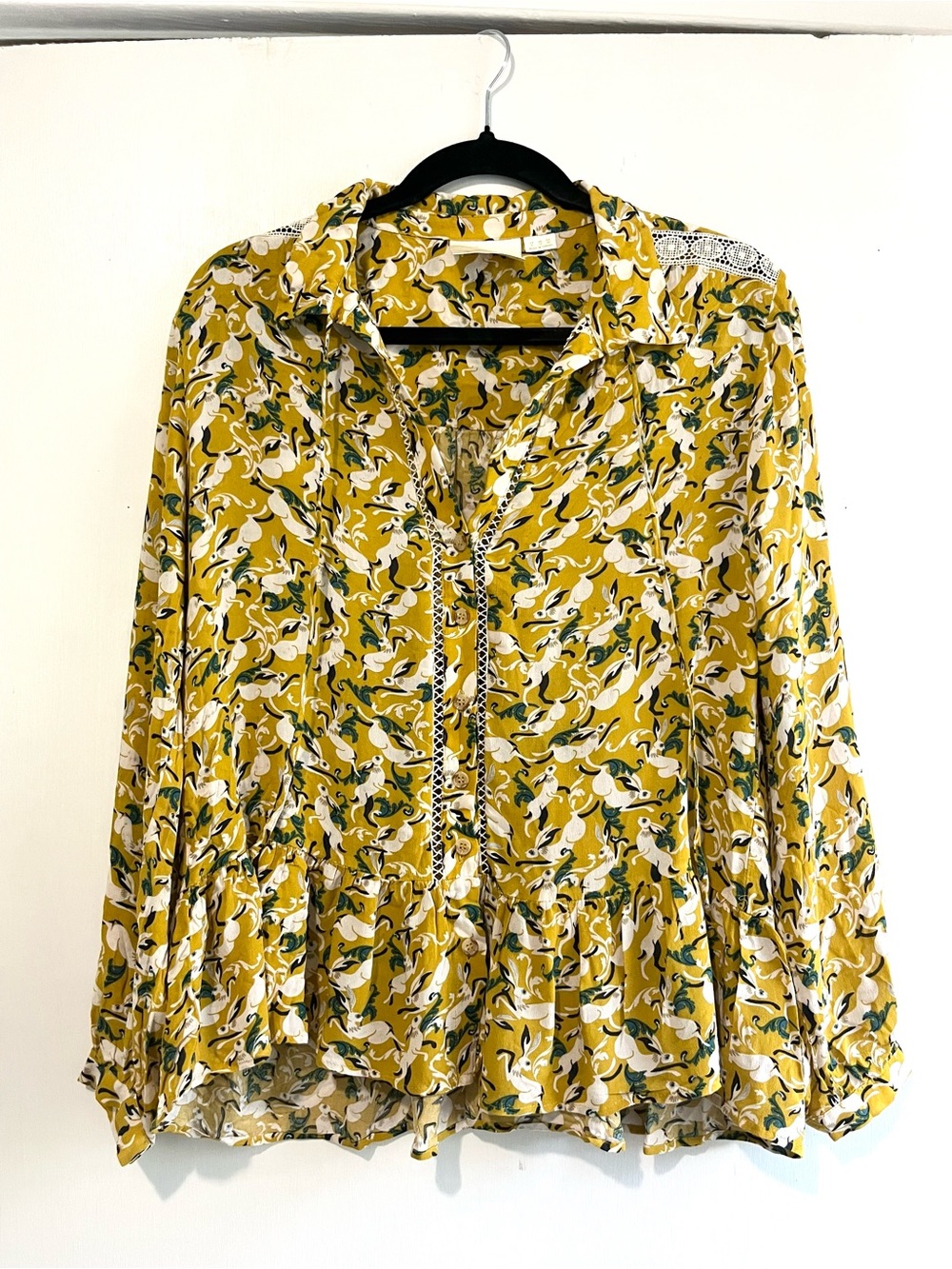 Maeve Anthropologie Bunny Pattern Button-Front Peplum Blouse